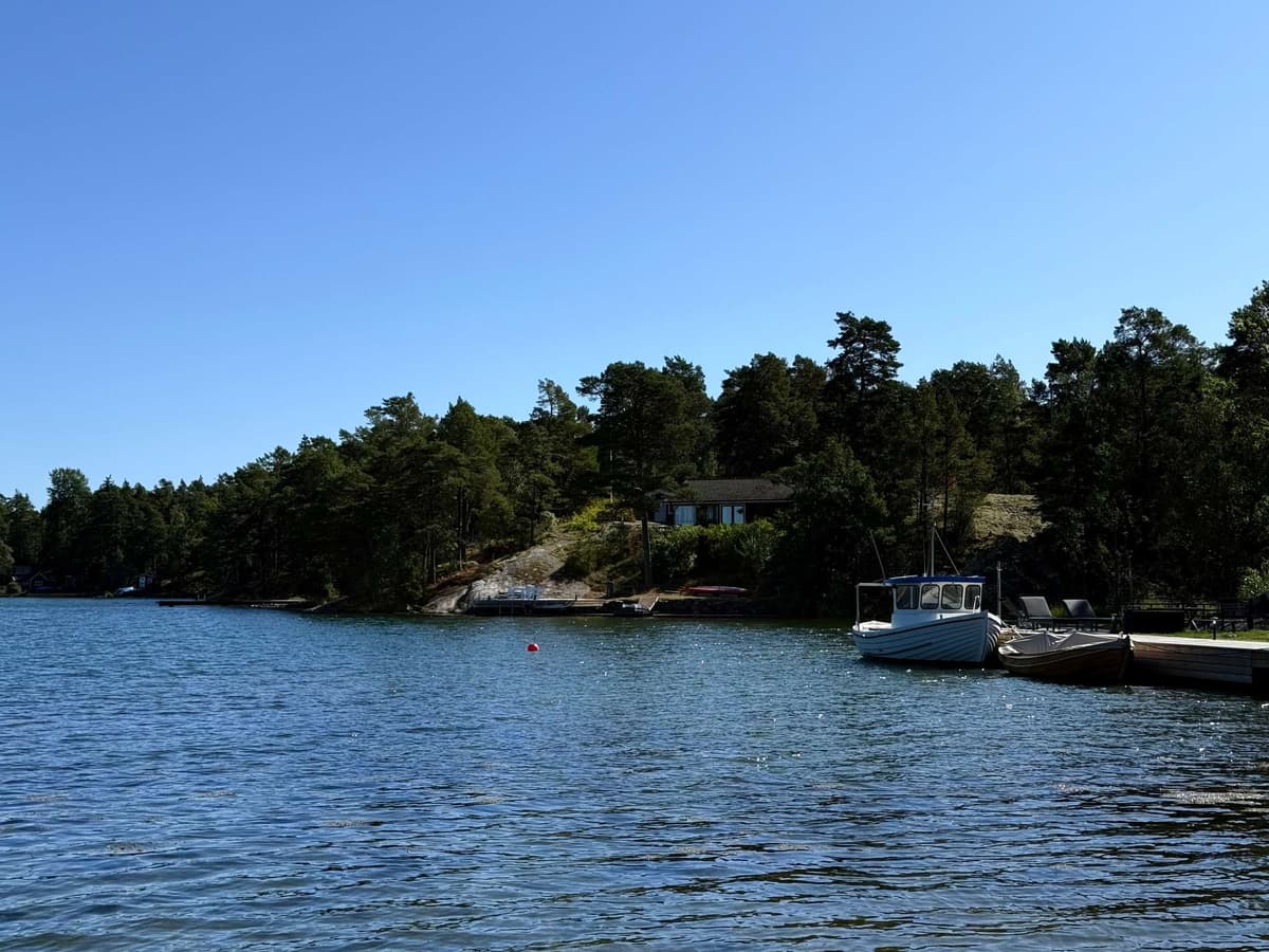 Cottages tucked into the pines across the water, a boat tied up below them