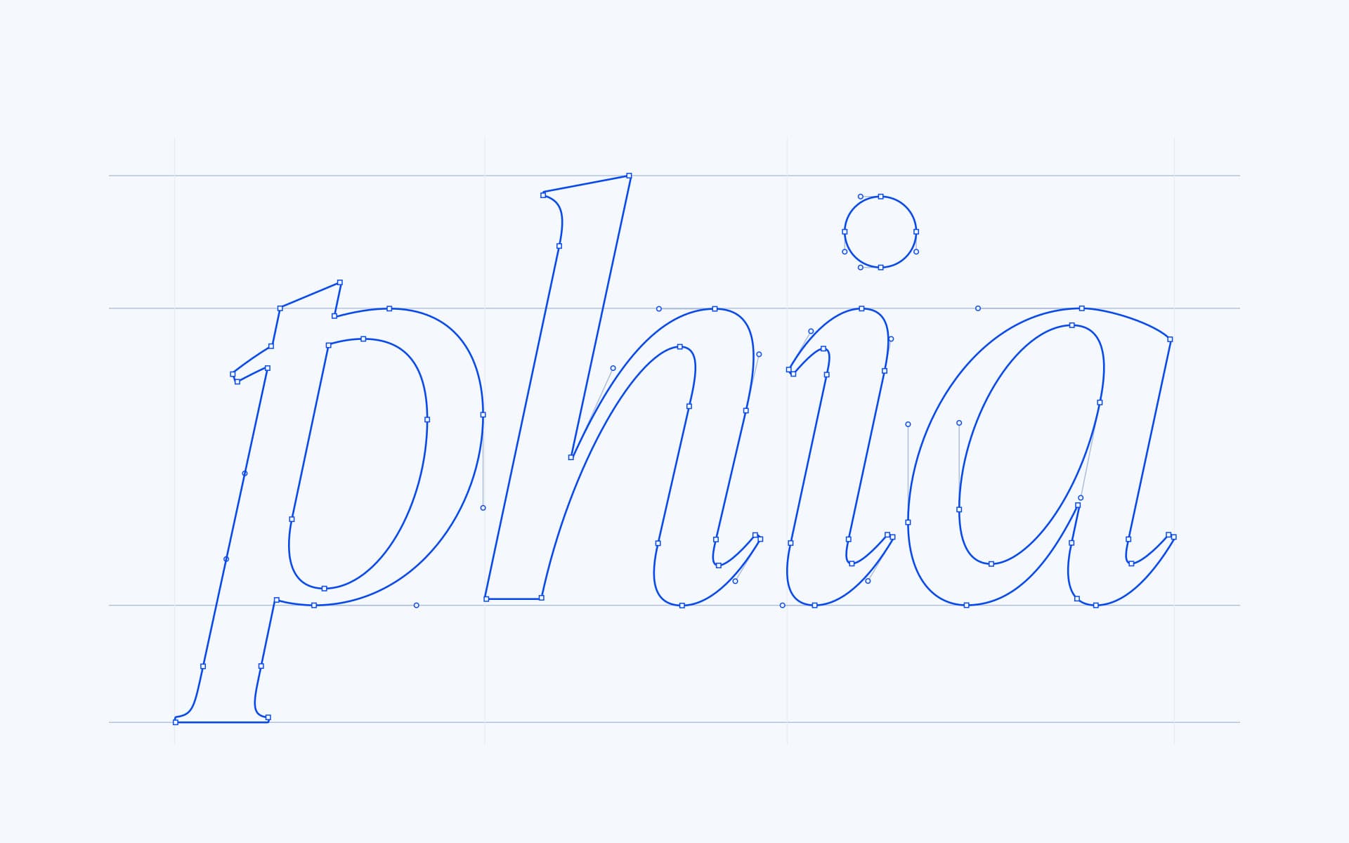 Final Phia wordmark shown as blue vector contours with anchor nodes and selected Bézier control handles