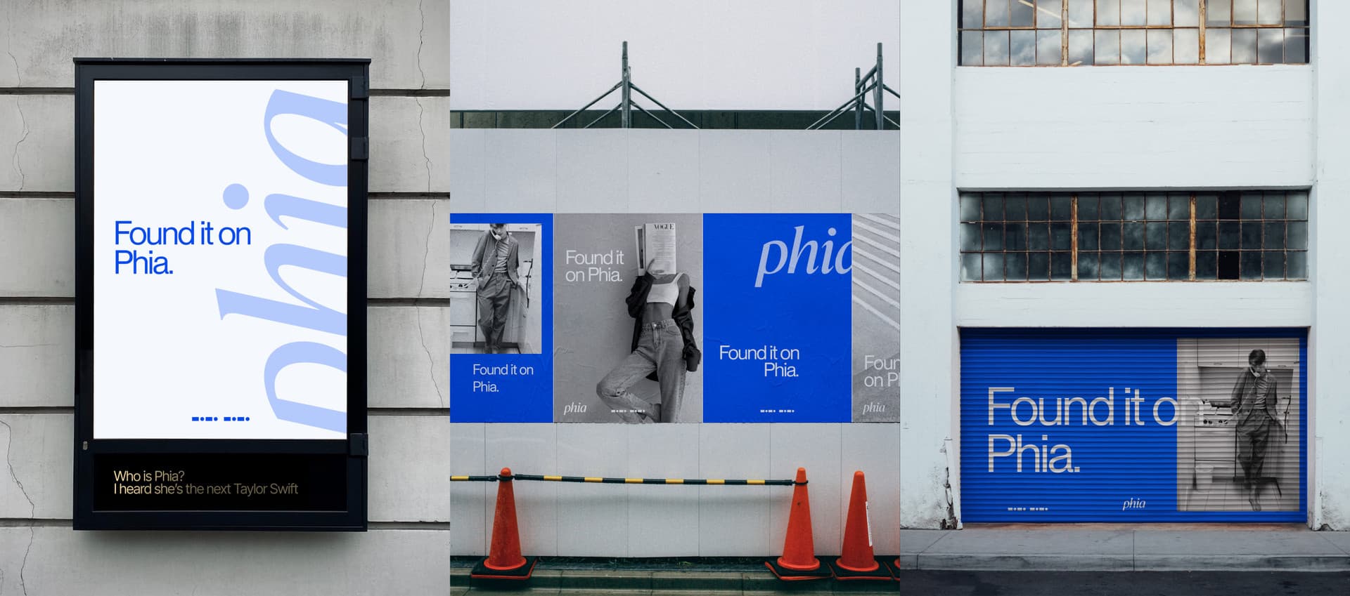Original Phia outdoor mockups showing a street display, pasted fashion posters and a branded storefront shutter