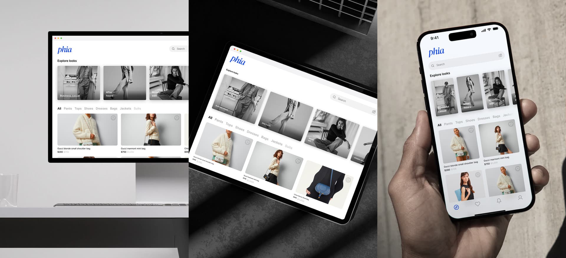 Original Phia shopping interface mockups on a desktop monitor, a tablet, and a phone held in one hand
