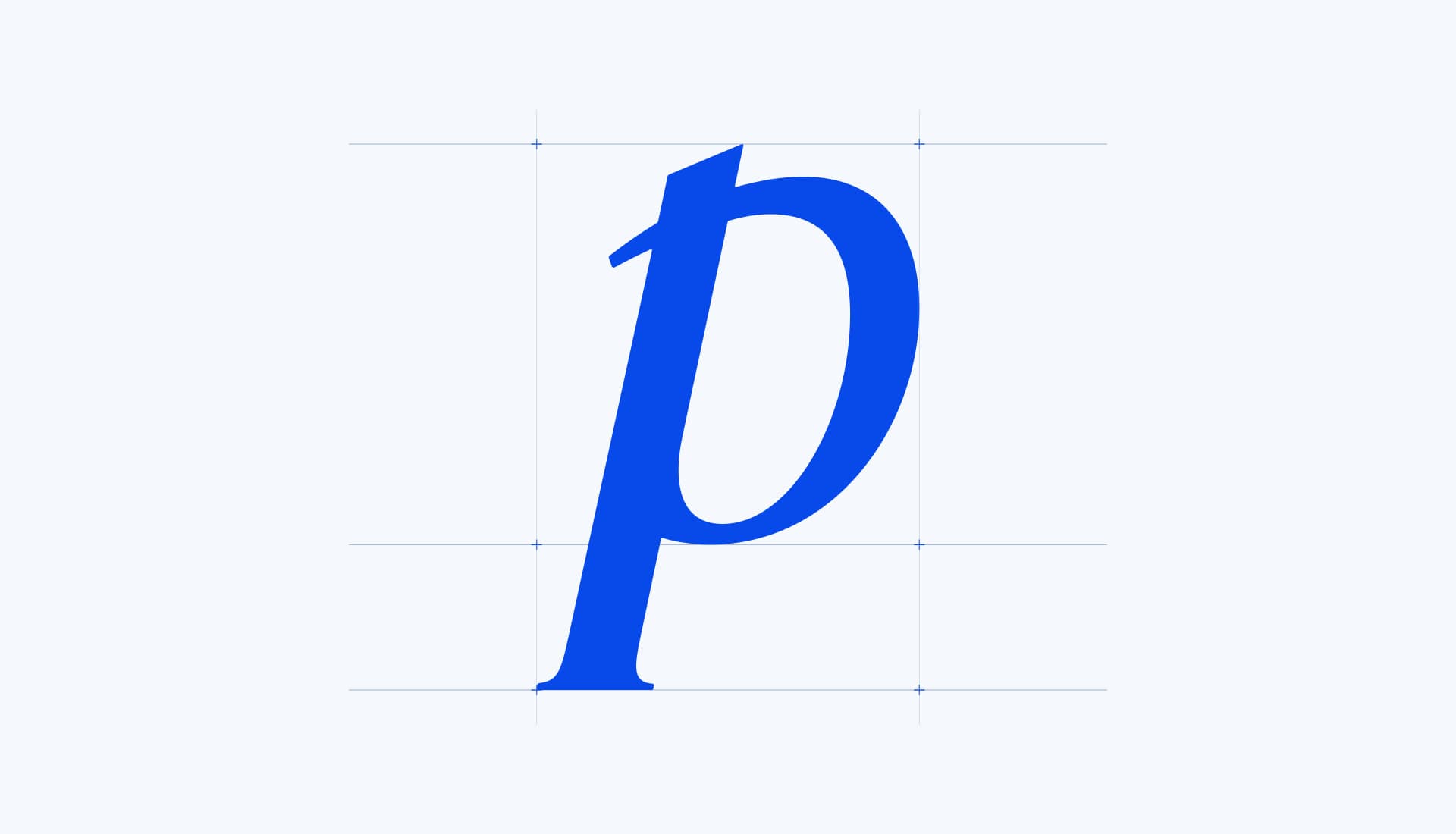 Phia’s blue p monogram with fine guides marking its outline bounds and baseline