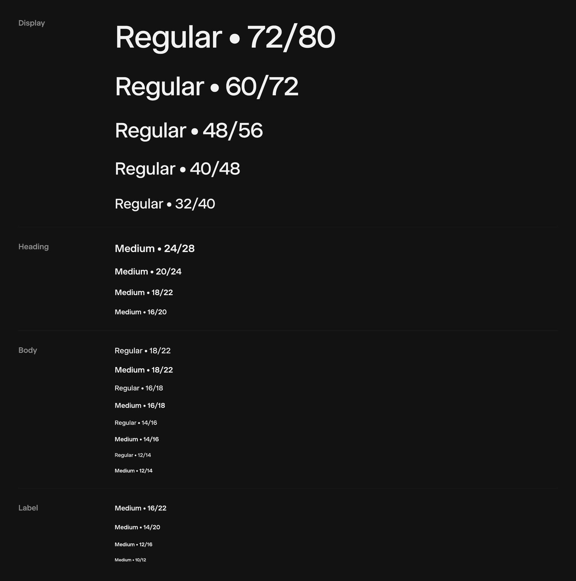 Selecta type ramp on a dark background: Display in Regular from 72 to 32 pixels, Heading in Medium from 24 to 16, Body in Regular and Medium from 18 to 12, Label in Medium from 16 to 10