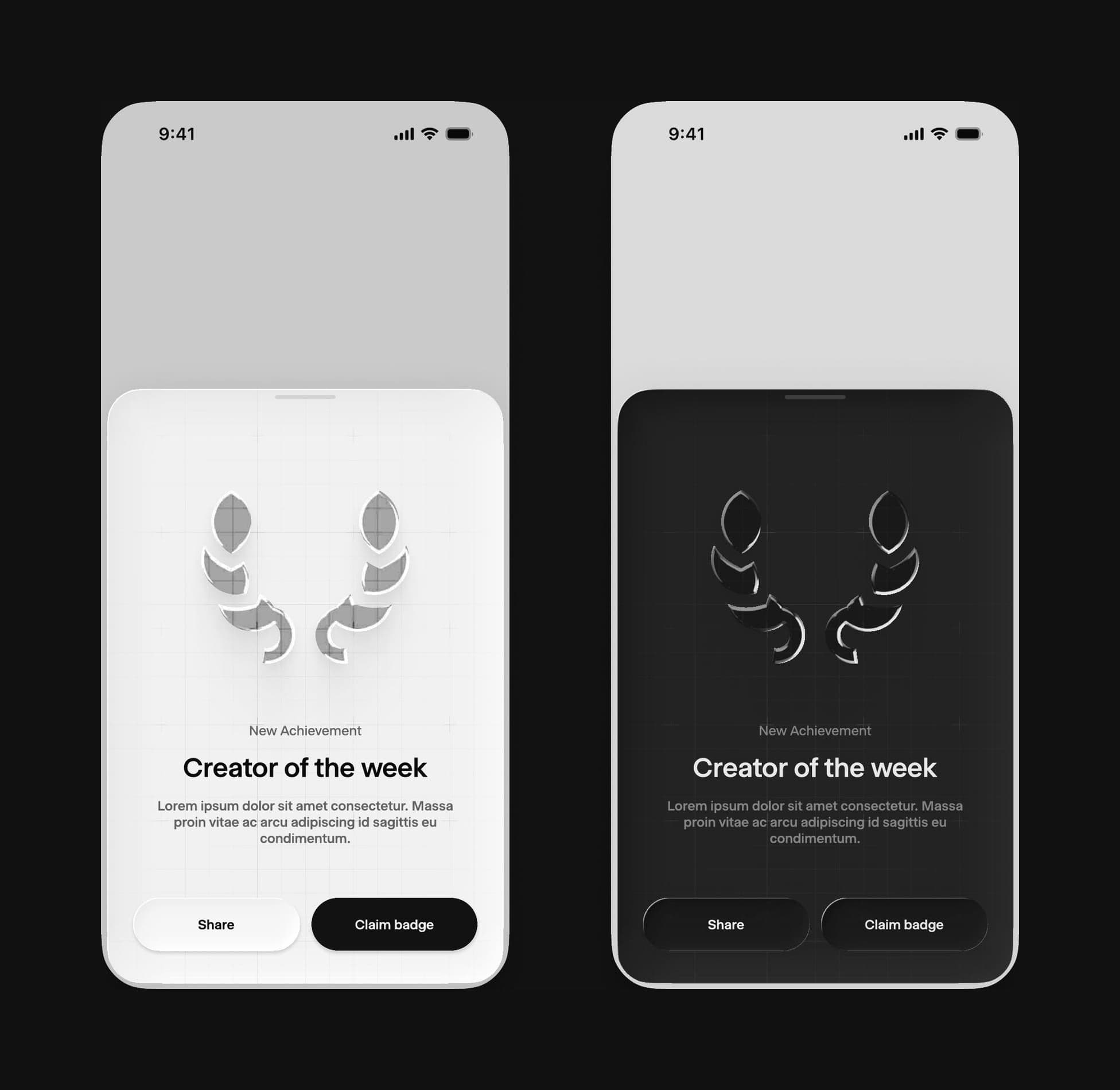 Two phone screens with a sheet reading New Achievement, Creator of the week, under a glass wreath, with Share and Claim badge buttons, in light and dark mode
