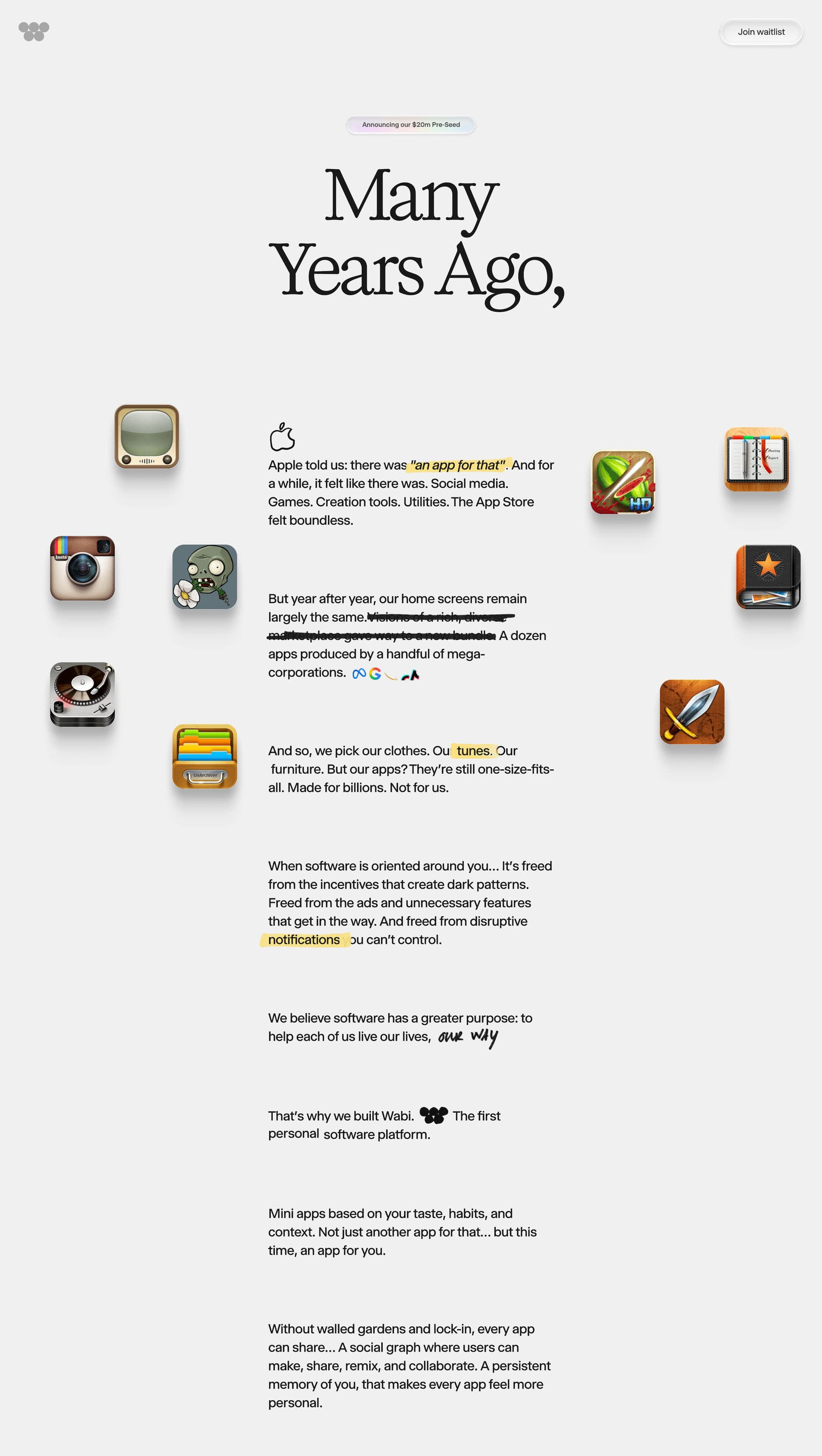 The Wabi manifesto page: the headline Many Years Ago above short paragraphs about the App Store, with nostalgic app icons floating in the margins, struck-through phrases and highlighted words