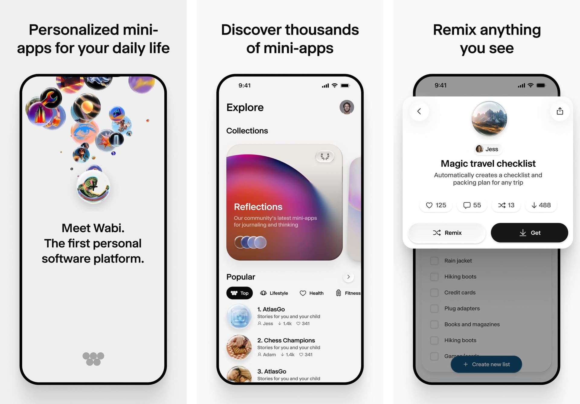 Three App Store frames: Personalized mini-apps for your daily life, Discover thousands of mini-apps, and Remix anything you see, each above a phone screen